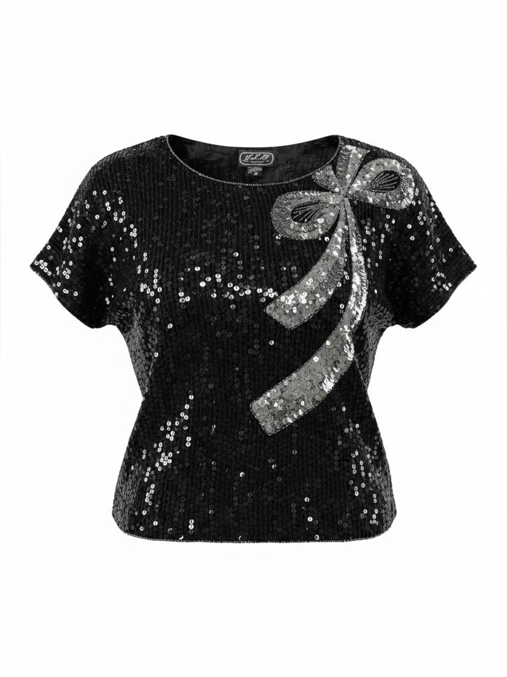 Vtg JLB Pure Silk Sequin Top Blouse Black Silver Bow Beaded Evening Party Sz S